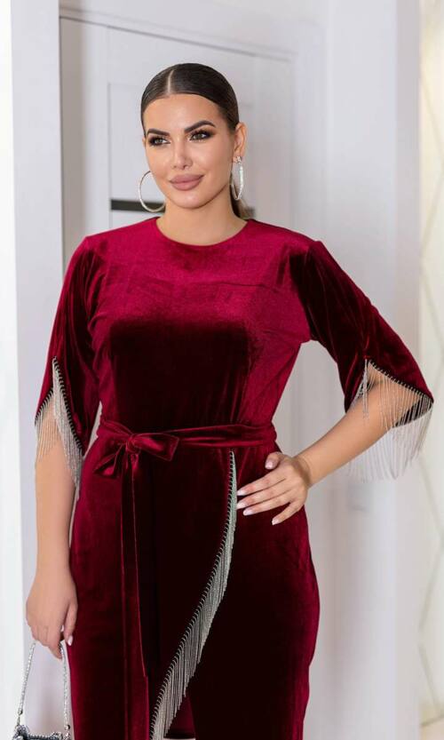 Коктейльна Сукня Оксамит Бахрома 21131 Бордова