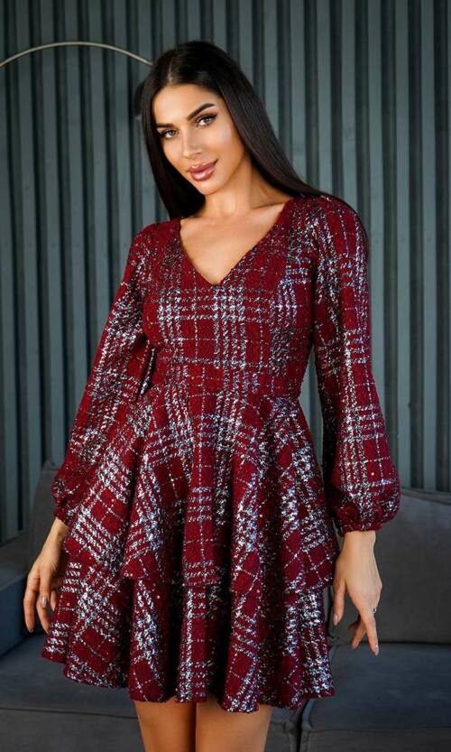 Коктейльна Сукня Букле Кліточка 24086 Бордова