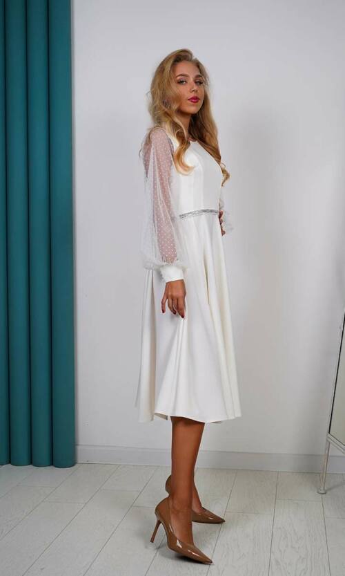 Коктейльное Платье Сетка Рукав 24076 Молочное