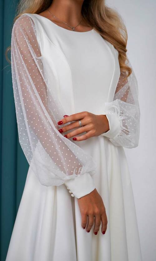 Коктейльное Платье Сетка Рукав 24076 Молочное