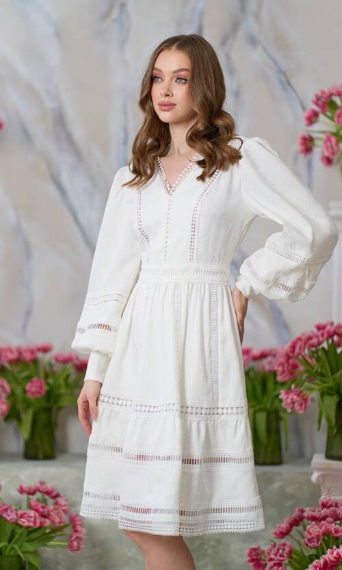 Коктельное Платье Кружево Жаккард 24064 Молочное