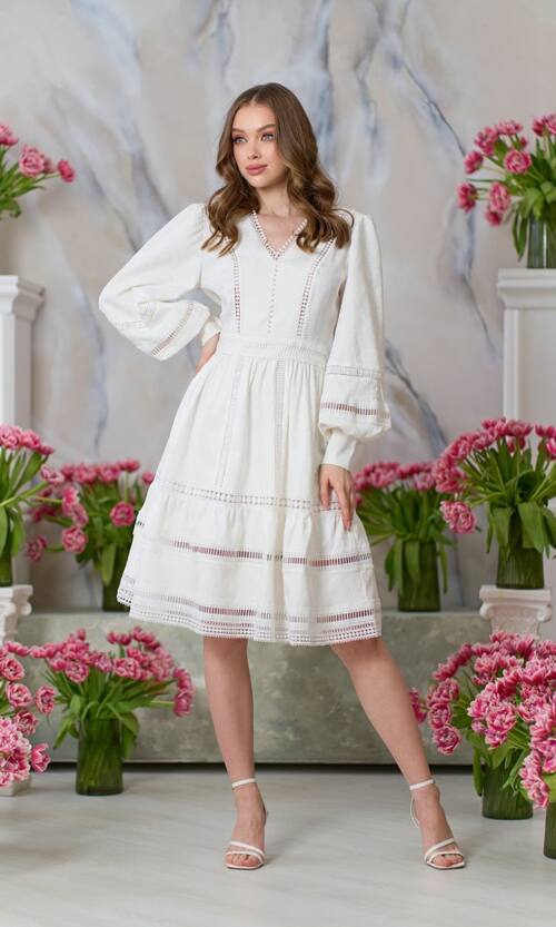 Коктельное Платье Кружево Жаккард 24064 Молочное