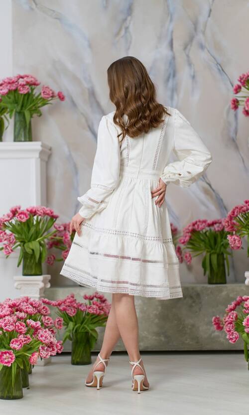 Коктельное Платье Кружево Жаккард 24064 Молочное