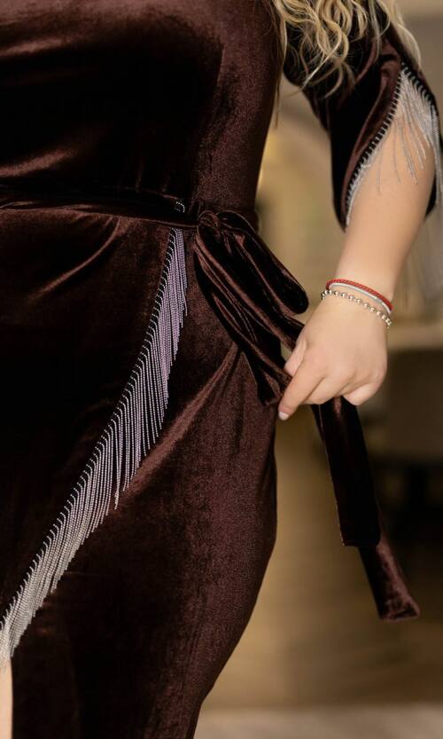 Коктейльна Сукня Оксамит Бахрома 21131 Коричнева