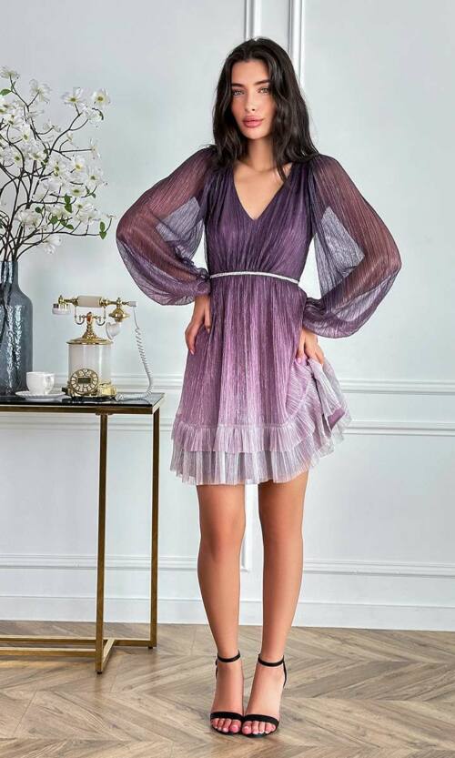 Коктейльна Сукня Сітка Гофре 24024 Сливова