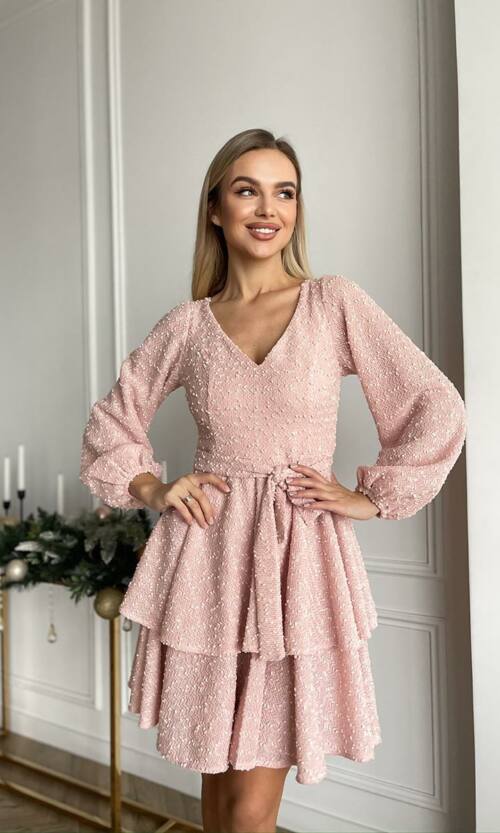 Коктейльна Сукня Букле Волани 24110 Рожева