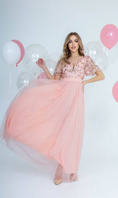 Вечірня Сукня Сітка Паєтка 21087 Персикова