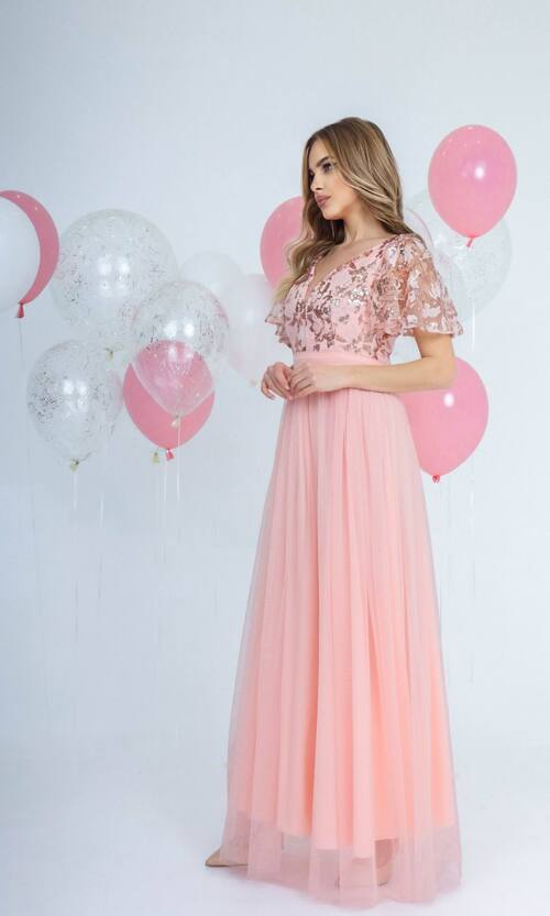 Вечірня Сукня Сітка Паєтка 21087 Персикова