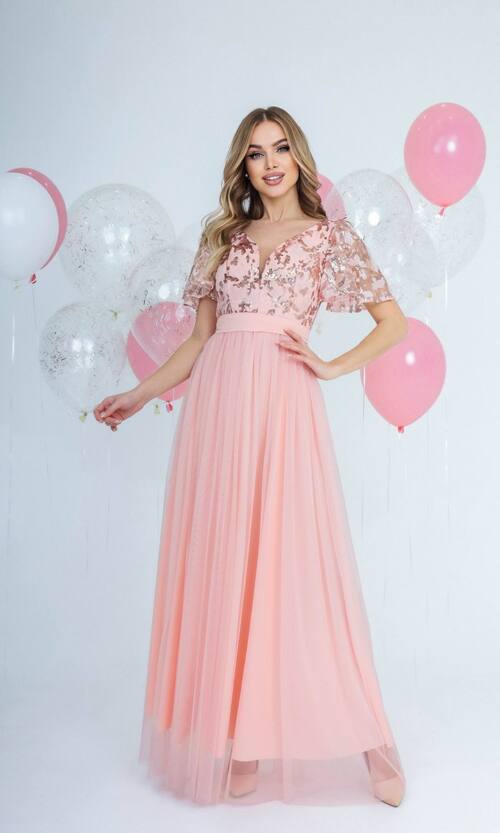 Вечірня Сукня Сітка Паєтка 21087 Персикова