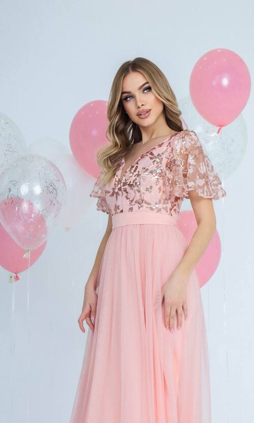 Вечірня Сукня Сітка Паєтка 21087 Персикова