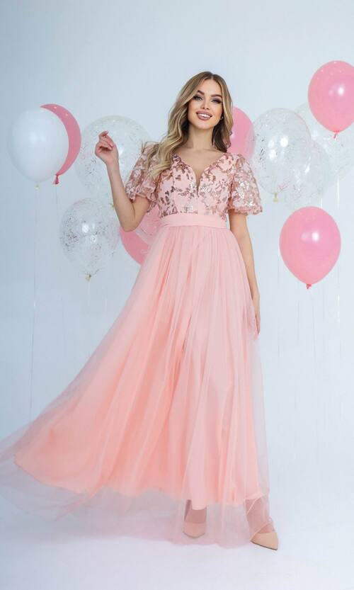 Вечірня Сукня Сітка Паєтка 21087 Персикова