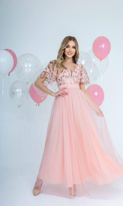 Вечірня Сукня Сітка Паєтка 21087 Персикова