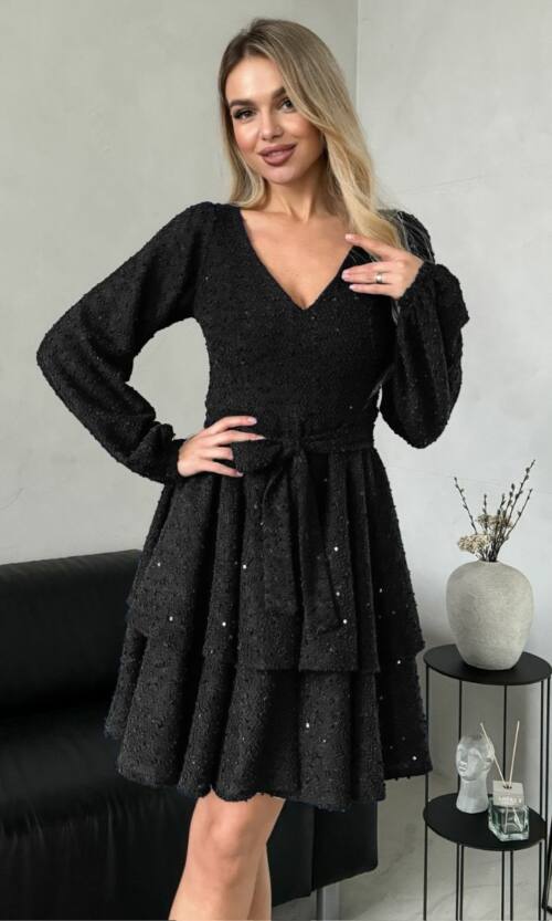Коктейльное Платье Букле Воланы 24110 Черное
