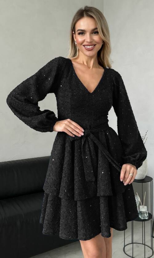 Коктейльное Платье Букле Воланы 24110 Черное