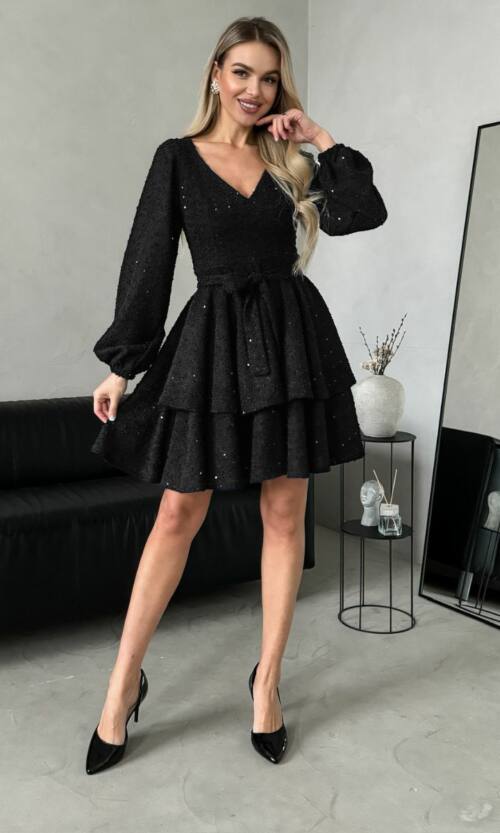 Коктейльное Платье Букле Воланы 24110 Черное