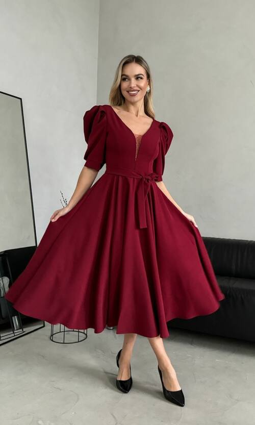 Коктейльное Платье Прозрачная Спина 24049 Бордовая