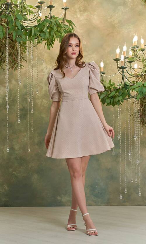 Коктейльна Коротка Сукня зі Стразами 24118 Бежева