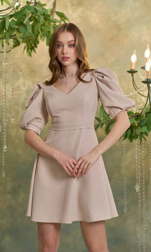 Коктейльна Коротка Сукня зі Стразами 24118 Бежева