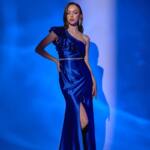 Вечірня Сукня Асиметрична з Рюшами 25003 Синя