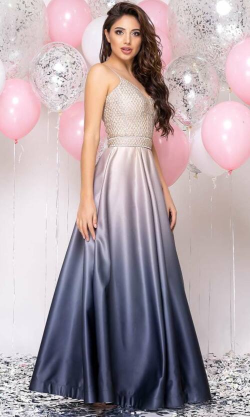 Вечернее Платье Атлас Глиттер 20033 Бежевое