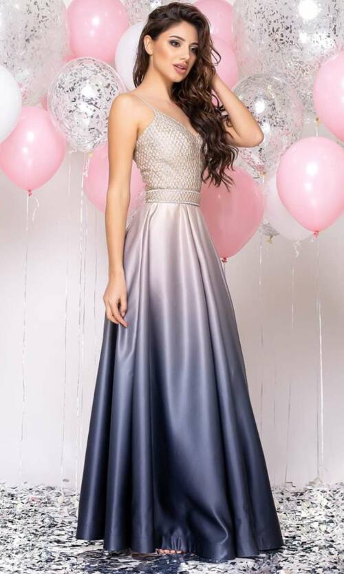 Вечернее Платье Атлас Глиттер 20033 Бежевое