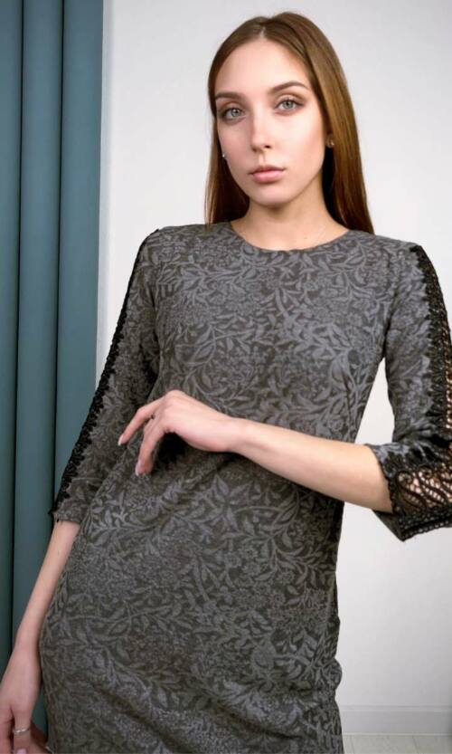 Сіре Повсякденне плаття трикотаж/ангора мереживом 6268