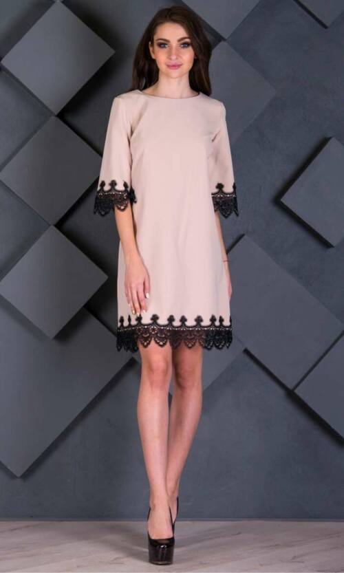 Бежевое Повседневное Платье черное кружево 7203