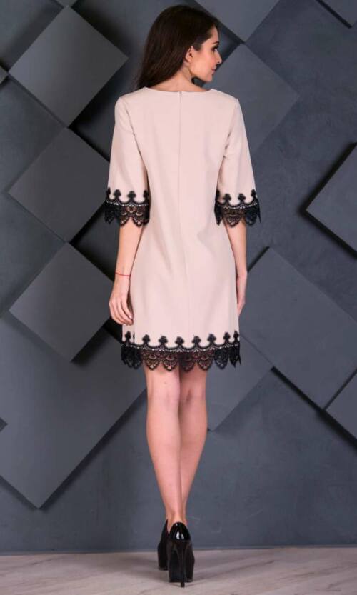 Бежевое Повседневное Платье черное кружево 7203