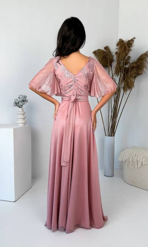 Вечірня Сукня Перлинний Шифон Максі 24033 Рожева