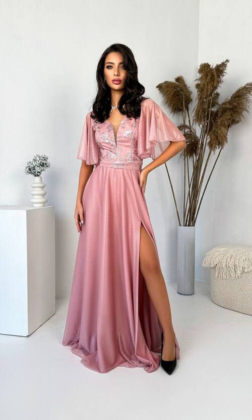 Вечірня Сукня Перлинний Шифон Максі 24033 Рожева