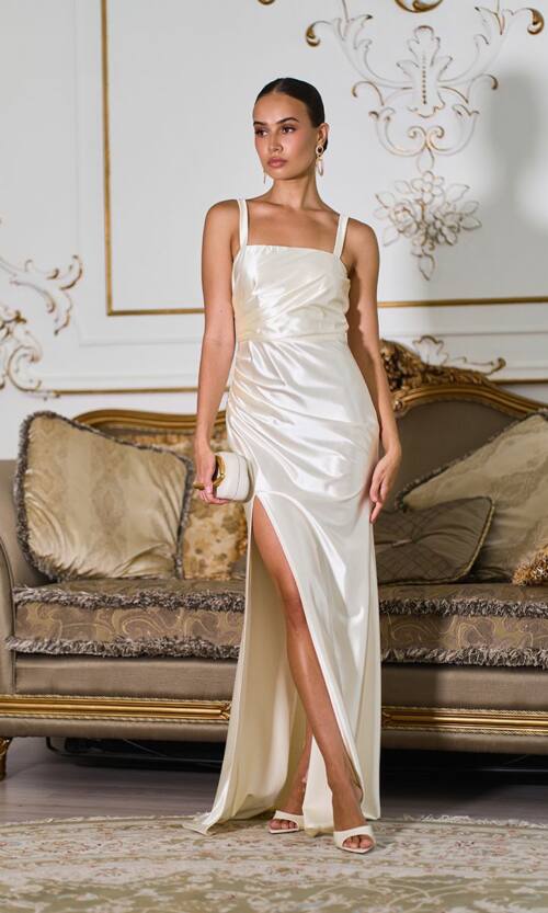 Вечірня Сукня Атлас Максі 25007 Кремова