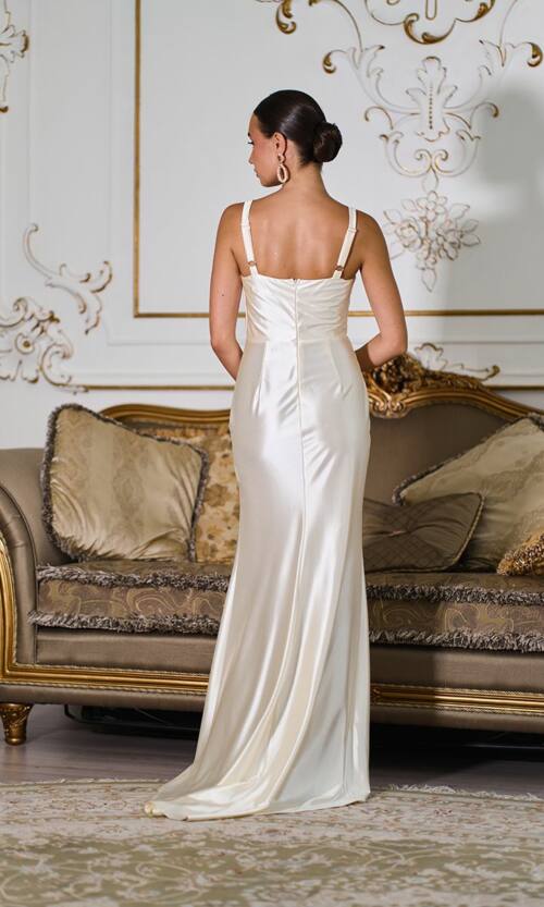 Вечернее Платье Атлас Макси 25007 Кремовое вечернее платье Атлас Макси 25007