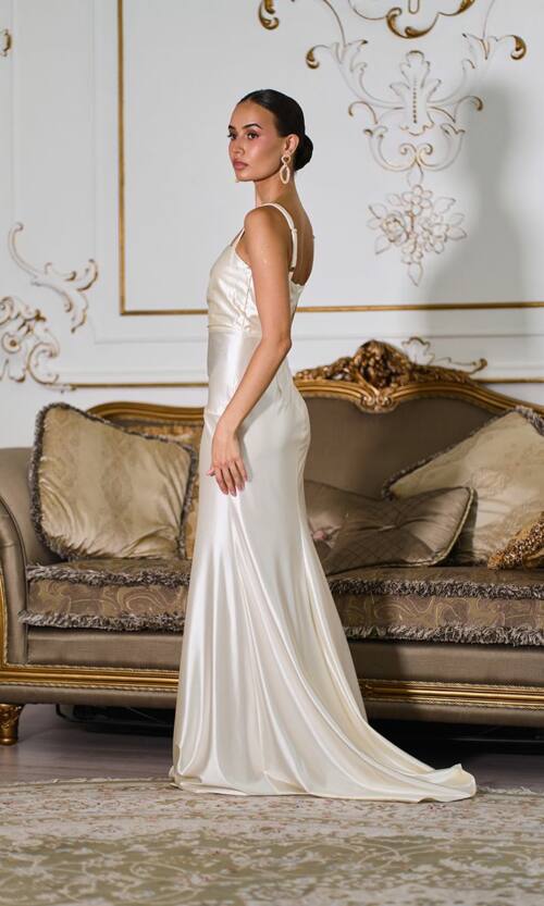 Вечернее Платье Атлас Макси 25007 Кремовое вечернее платье Атлас Макси 25007