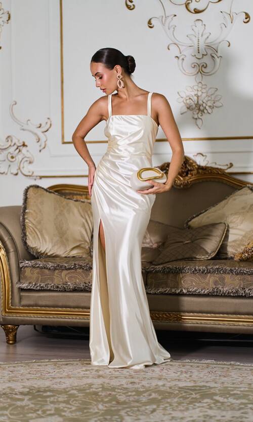 Вечернее Платье Атлас Макси 25007 Кремовое вечернее платье Атлас Макси 25007