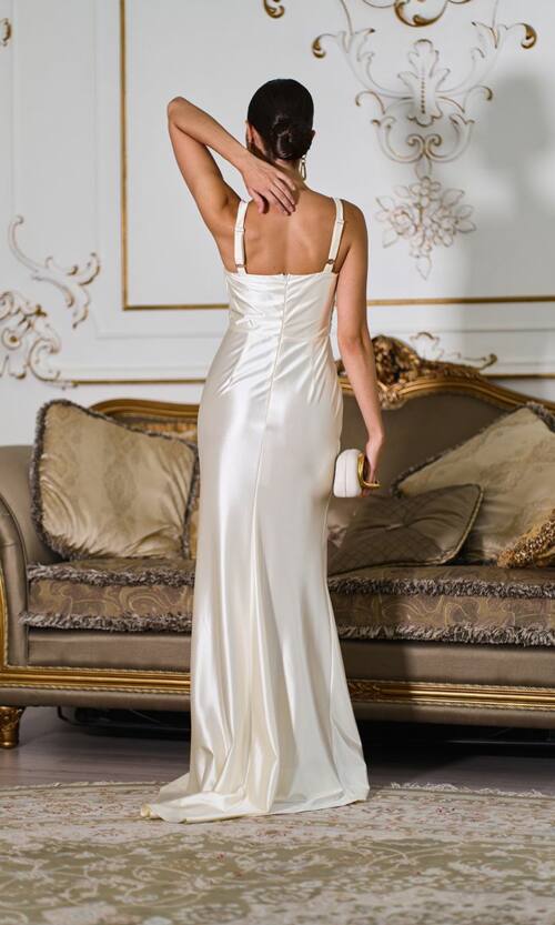 Вечернее Платье Атлас Макси 25007 Кремовое вечернее платье Атлас Макси 25007