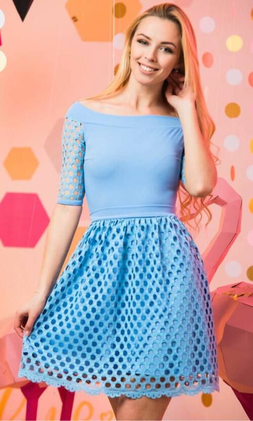 Голубое Повседневное платье ажурной юбкой 7048