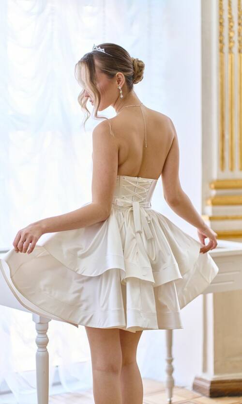 Коктейльна Сукня Корсет Подвійна Спідниця 25012 Молочна