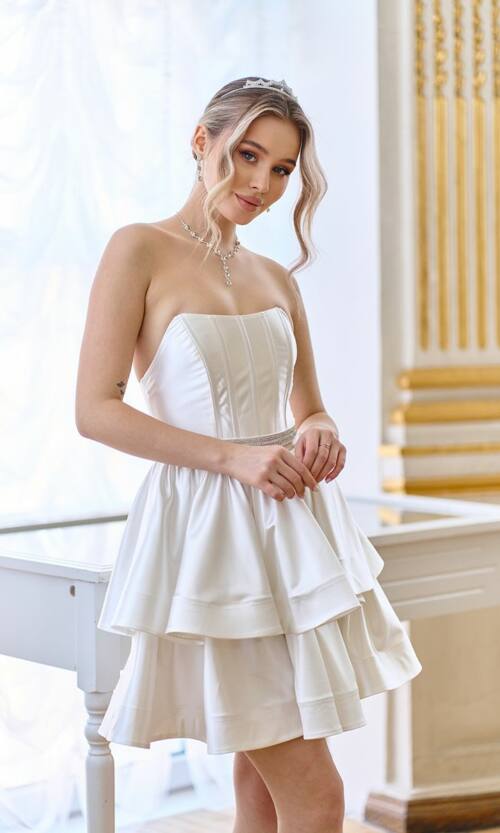 Коктейльна Сукня Корсет Подвійна Спідниця 25012 Молочна