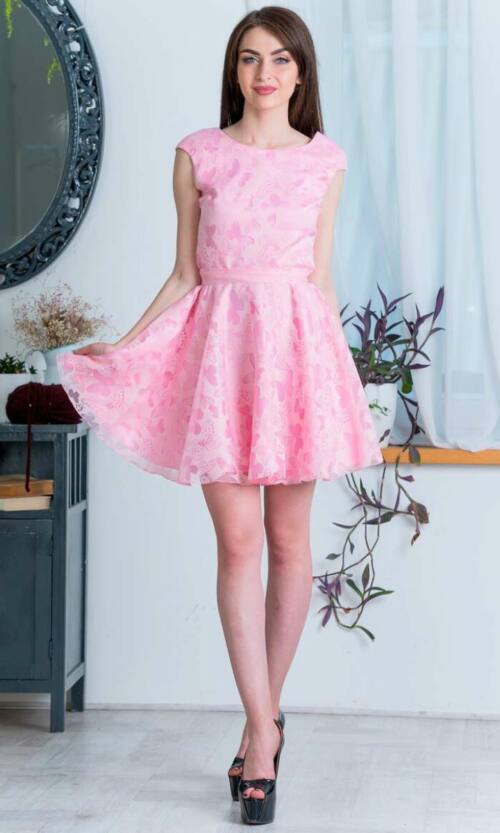 Розовое повседневное платье лен/органза метели 7089