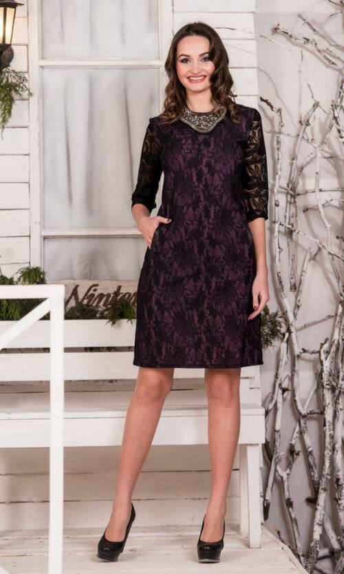 Коктейльна Сукня Гіпюр Кишені 5346 Фіолетова