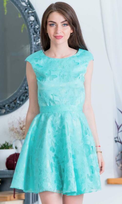 Бирюза Повседневное платье лен/органза бабочки 7089