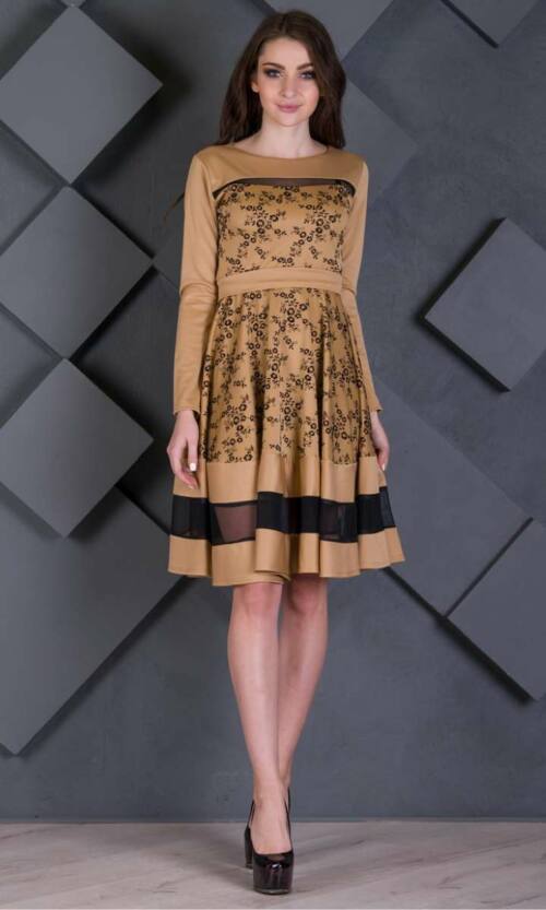 Горчица Повседневное Платье крепдайвинг флок 7219