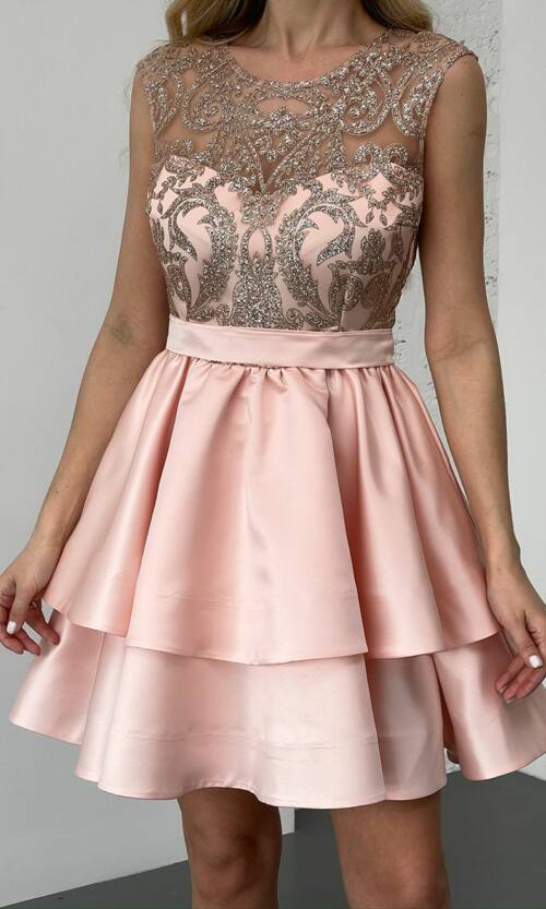 Коктейльна Сукня Міні Гліттер Два Волана 25019 Персикова