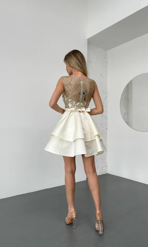 Коктейльное Платье Мини Глиттер Два Волана 25019 Кремовая