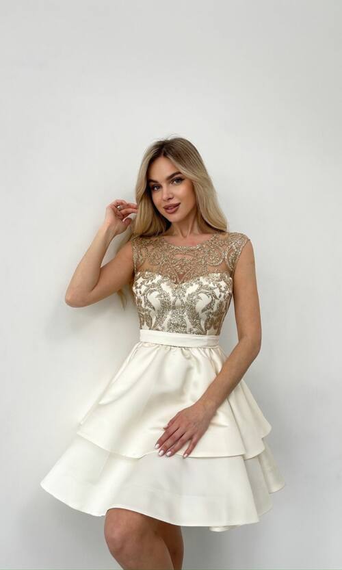 Коктейльное Платье Мини Глиттер Два Волана 25019 Кремовая