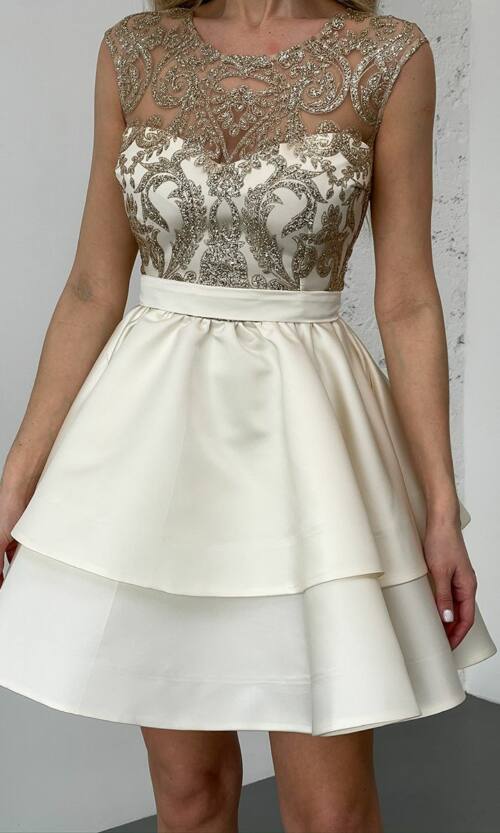 Коктейльное Платье Мини Глиттер Два Волана 25019 Кремовая
