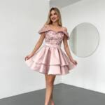 Коктейльна Сукня Атлас Паєтка Відкриті Плечі 25023 Рожева