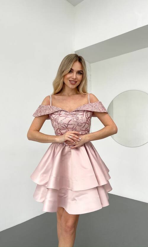 Коктейльна Сукня Атлас Паєтка Відкриті Плечі 25023 Рожева