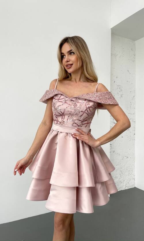 Коктейльна Сукня Атлас Паєтка Відкриті Плечі 25023 Рожева