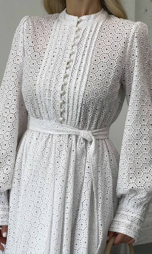 Коктейльна Сукня Бавовняна Ажурна з Вишивкою та Поясом 25018 Молочна